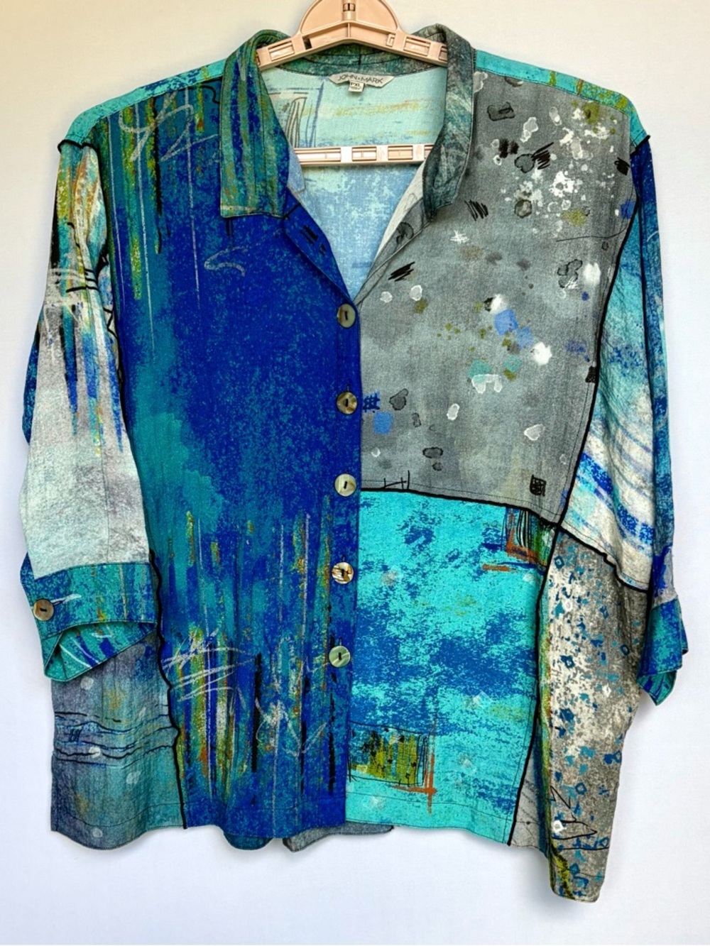 John Mark Abstract Top Sz PXL Patch Print Wire Collar Long Sleeve Button Tunic - Picture 3 of 16